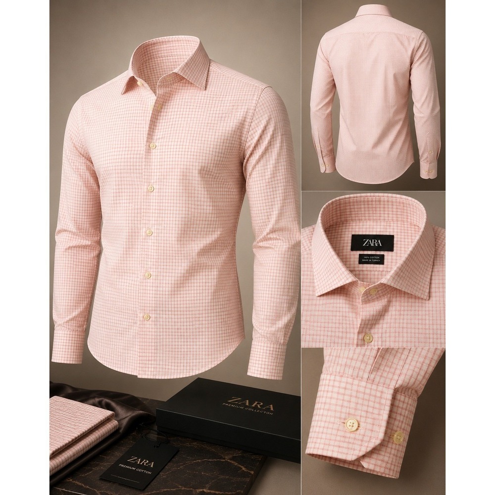 Zara Mens 16 Dress Shirt Pink Check Long Sleeve Cotton Premium Business Casual